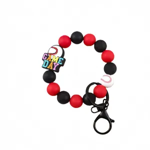 Pulsera llavero de cuentas de silicona de béisbol con amuleto Game Day y cierre metálico