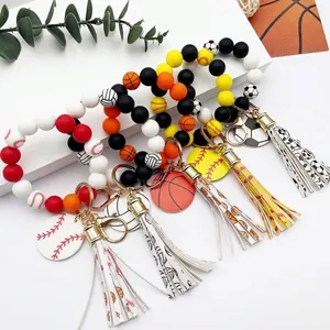Llavero de Pulsera de Cuentas de Silicona Deportiva Con Borla Dije de Pelota de Madera Baloncesto Fútbol Béisbol Para Mujer Hombre