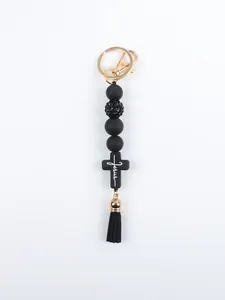 Religious silicone beaded keychain with Jesus cross pendant and black fringe tassel