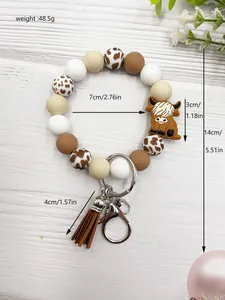 Highland cow silicone bead keychain bracelet with tassel and detailed dimensions