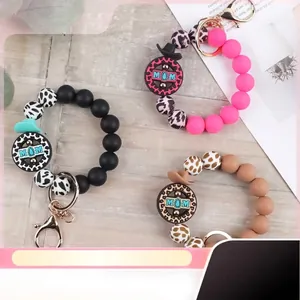 Portachiavi a Bracciale in Perline di Silicone con Ciondolo MOM e Mini Cappello da Cowboy Perline Boho Portachiavi da Polso Regalo Festa della Mamma Donna