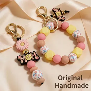 Silicone Printed Octagon Beaded Keychain Bracelet For Women MOM Daisy Silicone Bead Wristlet Bag Charm Key Ring Gift
