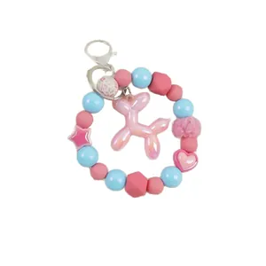Cute pink pearl balloon dog beaded keychain and bag charm for women's accessories