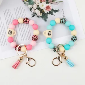 Leopard Print Silicone Bead Wristlet Keychain With Coffee Cup Pendant Tassel Silicone Beads Bangle Keychain For Women Bag Charm Car Key Ring