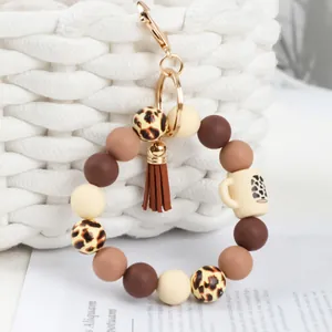 Leopard print silicone beaded bracelet keychain with tassel