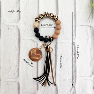 Detailed measurements of leopard print bead silicone keychain bracelet with mama heart charm