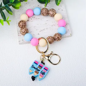 Porte-clés bracelet en perles de silicone léopard avec breloque crayon Teacher Life