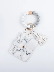 Marble pattern PU leather card holder with beaded wristlet keychain and tassel detail