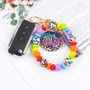Handmade colorful silicone bead wristlet keychain with MAMA leopard tag and tassel