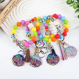 Handmade colorful silicone bead keychain bracelet with MAMA charm and leopard tassel
