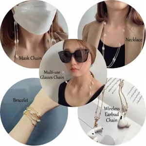 Chaîne en perles dorées multifonction pour masque, lunettes et collier élégant.