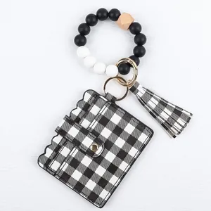 Silicone bead wristlet keychain with black and white plaid card holder and tassel