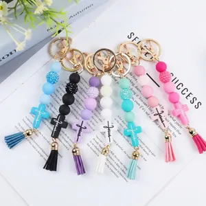 Creative Silicone Bead Cross Keychain Jesus Lettering Tassel Pendant For Women Bag Charm Religious Fashion Jewelry Gift