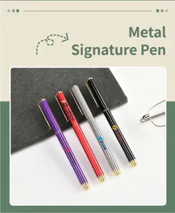 Detailed view of premium colorful metal gel pens with gold clips and custom logos