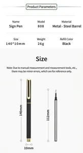 Detail view of black metal business pen specifications and 140mm length dimension.