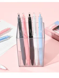 Set of Morandi color retractable gel pens in a transparent desktop holder