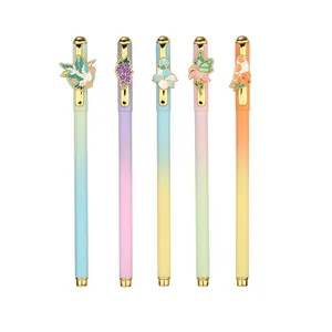 Elegant set of 5 floral and bird themed gradient gel pens with gold metal accents