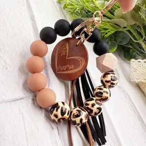 Leopard Print Silicone Wood Bead Wristlet Keychain Mama Engraved Heart Wood Disc Tassel Bracelet Key Ring For Women Gift