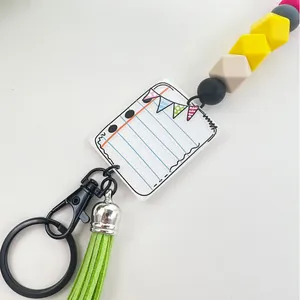 Notizblock-Anhänger Lanyard mit bunten Silikonperlen und grüner Quaste Schlüsselbund