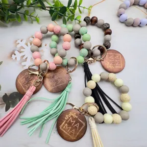 Llavero de Cuentas de Madera Hecho a Mano Pulsera con Borla Bohemia Dije de Disco Grabado Mama Cuentas de Leopardo Regalo del Día de la Madre