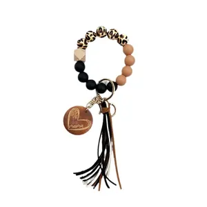 Leopard print wood and silicone bead keychain bracelet with mama heart tag and tassel