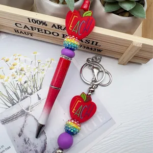 TEACH Apple Silicone Beaded Pen And Keychain Set For Teachers Creative Rhinestone Ballpoint Pen Bag Charm School Gift