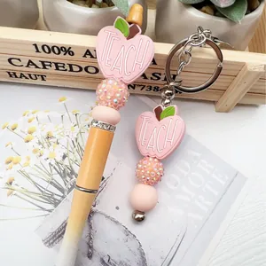 Handmade Teach apple beaded pen and keychain set for special teacher appreciation gifts