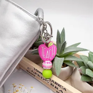 Handmade apple silicone bead keychain with pink TEACH charm for teachers school gift