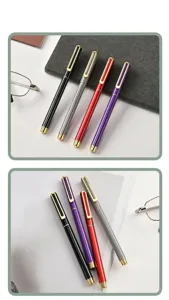 Detailed view of luxury metal gel pens in four colors with gold hollow clips.