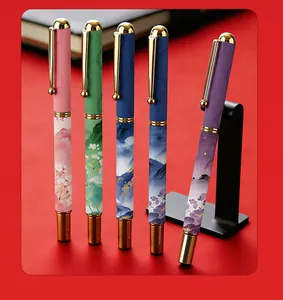 Premium metal gel pens set featuring intricate landscape and floral gradient patterns