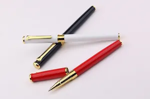 Close-up of premium metal gel pens in red, white, and black with gold accents