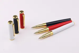 Detail view showing three elegant metal business rollerball pens with gold accents.