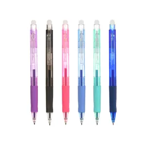 Set of six colorful retractable erasable gel pens with 0.7mm tips on white background