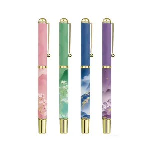 Elegant four-piece metal gel pen set featuring multi-color gradient patterns and floral art