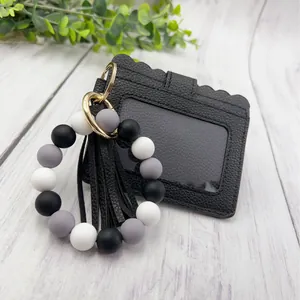 Silicone bead keychain bracelet set with tassel and PU leather card holder wallet