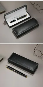Detail view of a black leather pen gift box, open and closed, with a golden accent pen