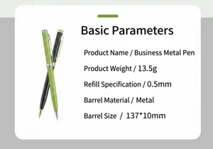 Especificaciones técnicas de un bolígrafo de metal para negocios con recambio 0,5 mm.