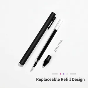 Professional matte black refillable gel pen showing internal parts and ink refill