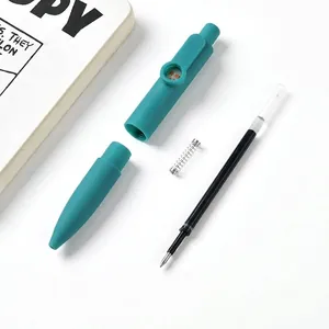 Compact turquoise retractable gel pen with replaceable ink refill in disassembled view