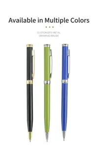 Tres elegantes bolígrafos metálicos de giro en varios colores mostrados en vertical