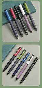 Detailed view of high-end metal ballpoint pens in five colors with textured grip design