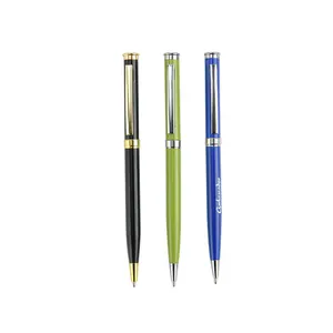 Set of three elegant metal ballpoint pens in black, green, and blue on white background.
