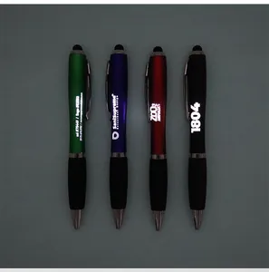 Set of four LED light-up stylus pens with custom glowing logos in various colors