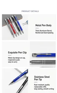 Detail view of colorful metal ballpoint pens showing stainless steel tips and clips