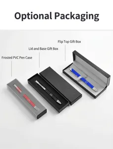 Metal ballpoint pens shown with three types of optional gift box packaging options