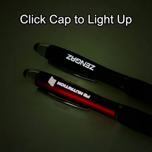 Creative LED light-up ballpoint pen with touch stylus tip and custom logo illumination