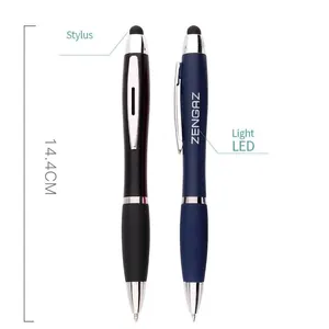 Multifunctional 14.4cm LED ballpoint pen featuring an integrated stylus tip and light