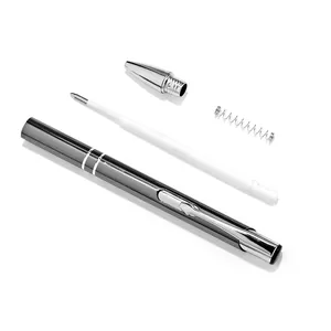 High-end metal ballpoint pen disassembled showing body, refill, spring, and tip components