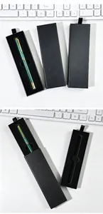 Detailed macro view of elegant black sliding drawer gift box containing a green pen