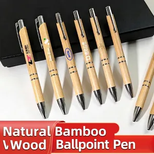Bolígrafo Retráctil de Bambú Natural Ecológico Escritura Oficina Diseño Inclinado Clip de Metal Plateado Regalo de Negocios